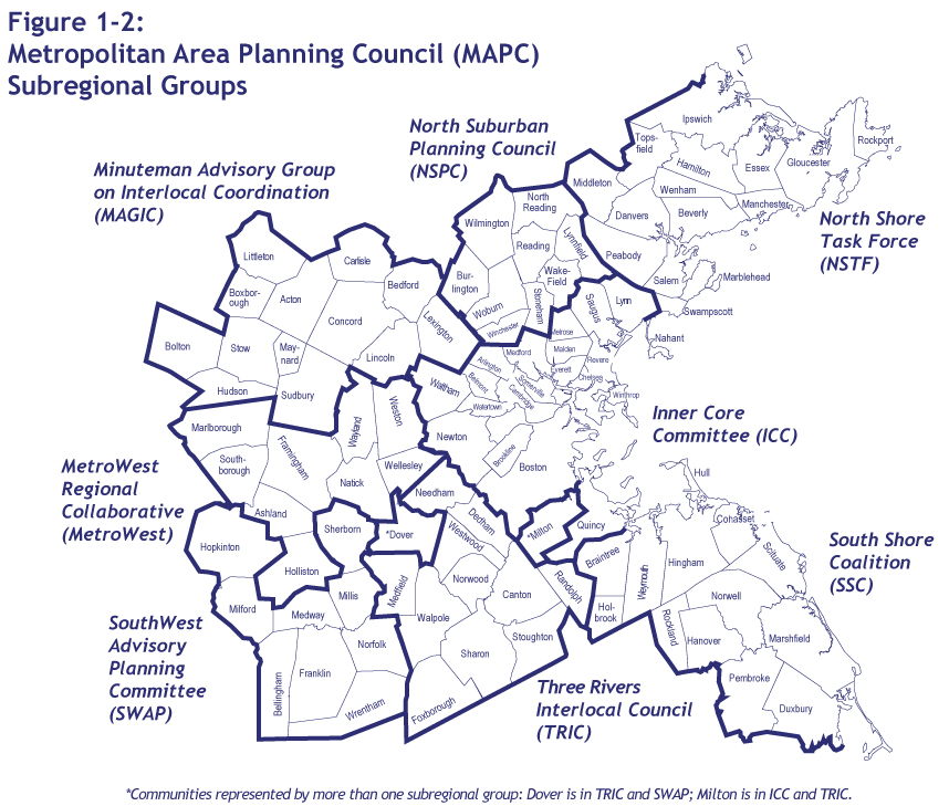 This map shows how the 101 municipalities in the Boston Region MPO region fall into eight MAPC subregions, which are represented by subregional groups. These subregional groups include the Inner Core Committee (ICC), the MetroWest Regional Collaborative (MetroWest), the Minuteman Advisory Group on Interlocal Coordination (MAGIC), the North Suburban Planning Council (NSPC), the North Shore Task Force (NSTF), the South Shore Coalition (SSC), the SouthWest Advisory Planning Committee (SWAP), and the Three Rivers Interlocal Council (TRIC). Two communities are represented by more than one subregional group; Dover is in TRIC and SWAP, and Milton is in ICC and TRIC.  